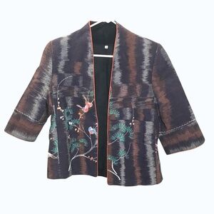 Artisan-Style Open Front Jacket | Embroidered Birds | Size M